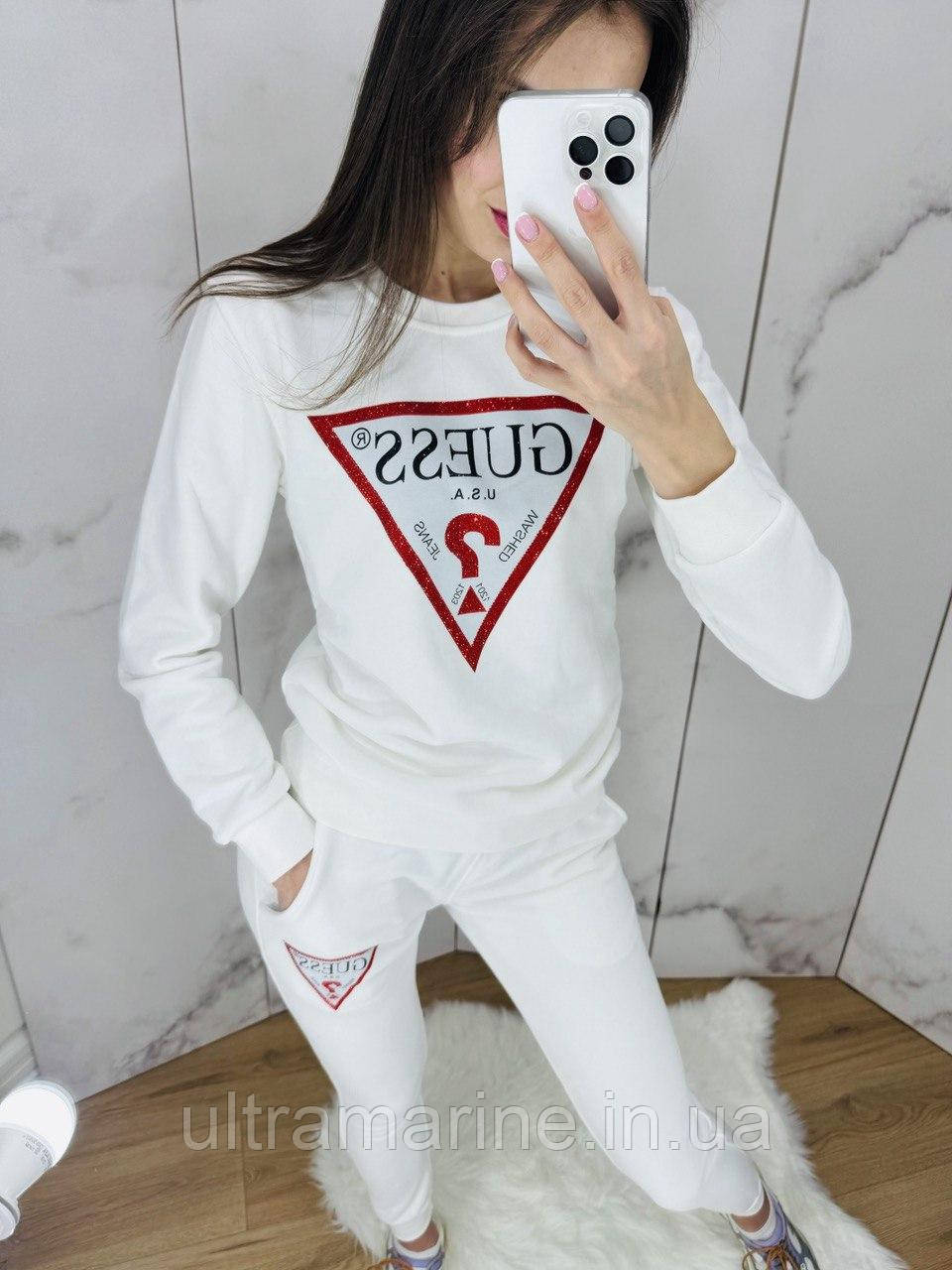 Стильний жіночий костюм Guess білий зі стразами S-XL (Гес двунитка Туреччина) Lux, фото 1