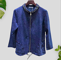 Женская джинсовая  синяя  кофта пиджак LIDA на молнии  стойка воротник, карманы, размер 50-60