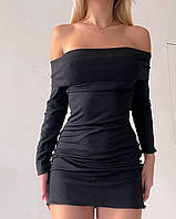 Женское короткое платье в рубчик с открытыми плечами (черный, молочный); размер: 42-44, 44-46