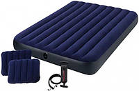 Матрас двухместный надувной с 2 подушками и ручным насосом Intex Classic Downy Airbed 64765 152х203х25 см Blue