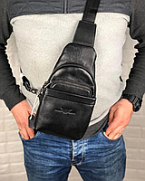 Мужская брендовая сумка слинг на плечо Armani Армани черная, нагрудная сумка, кожаный слинг