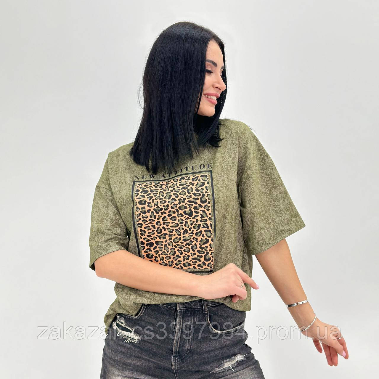 Жіноча базова футболка принт леопард, тай-дай, вільного крою, кулірка Туреччина, повсякденна | Норма та батал, фото 1