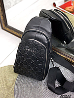 Мужская брендовая кожаная сумка слинг на плечо Gucci Гуччи черная, нагрудная сумка, кожаный слинг