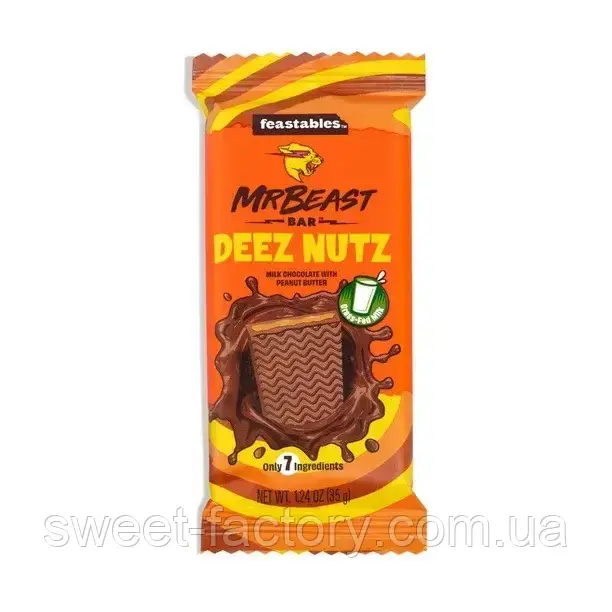 Шоколад Feastables Mr Beast Bar Deez Nuts Milk Chocolate Peanut Butter 35g, фото 1