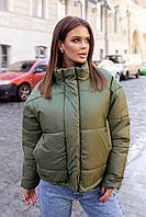 Женская весенняя короткая куртка бомбер без капюшона цвет хаки размер 46-48