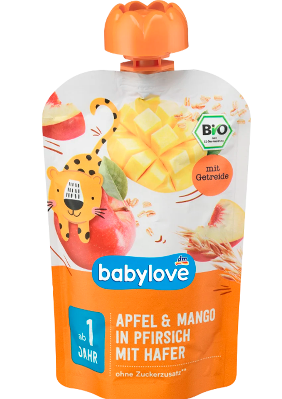 Пюре Babylove яблуко-манго-персик зі злаками для дітей від 1 року, 100 г, фото 1