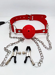 Кляп із затискачами для сосків DS Fetish Ball gag with nipple clamps red, 5 см.