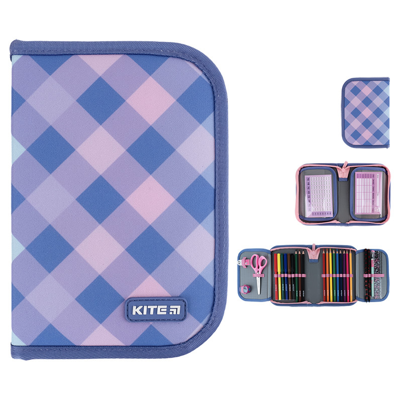 Пенал з наповненням Kite Purple Chequer K24-622H-3, 1 відділення, 2 відвороти