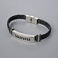 Браслет чоловічий з металевими вставками L-21см s-9,5мм+-, s-вставки 11,5мм+-, екошкіра чорна купити біжутерію дешево оптом в