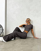 Женский базовый летний прогулочный костюм плотный рубчик футболка топ прямые брюки с высокой талией OS Серый, 42/44