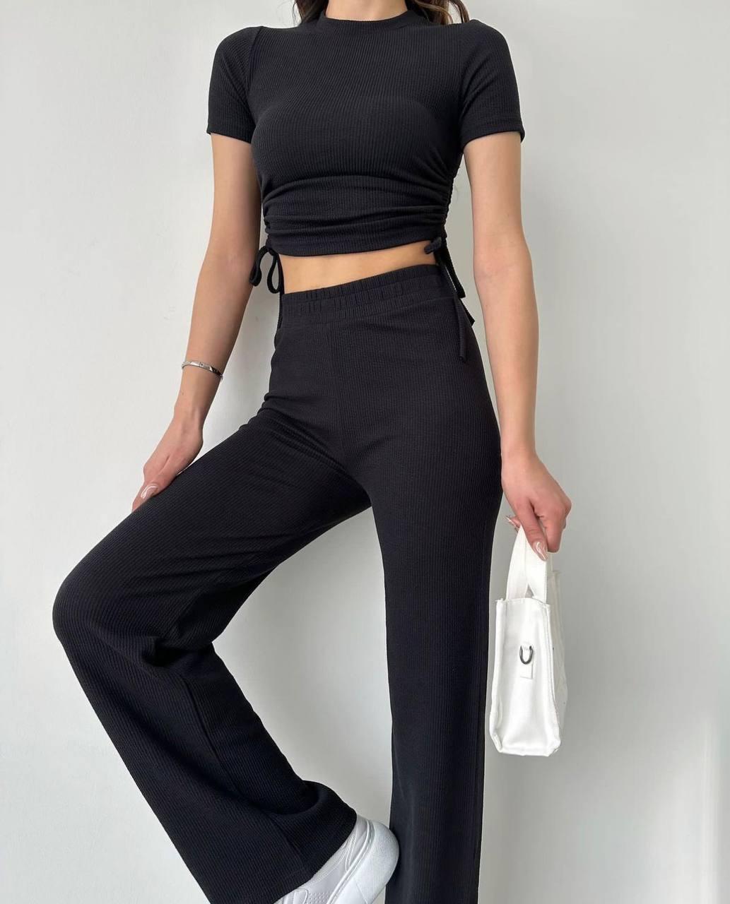 Жіночий базовий літній прогулянковий костюм щільний рубчик футболка на лаштунці топ прямі штани з високою талією, фото 1