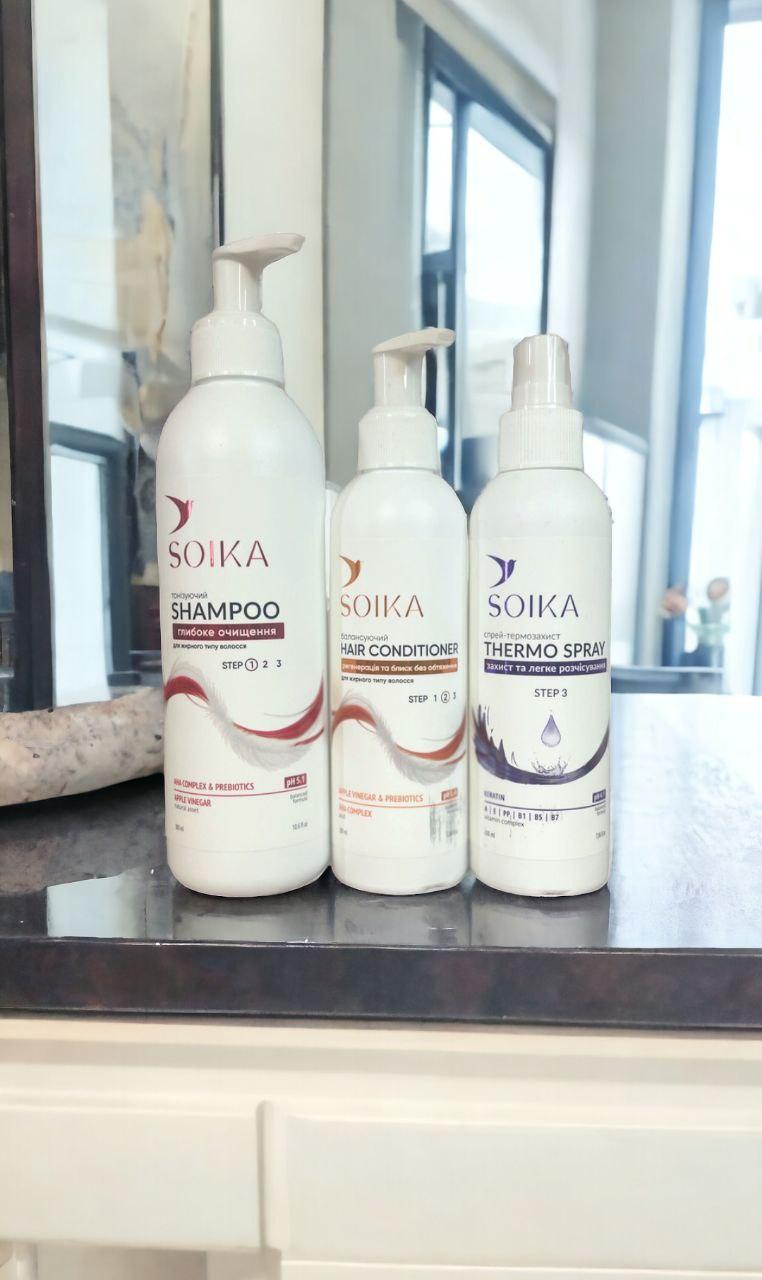 Набір для жирного волосся Soika 3в1  з АНА кислотами Сойка шампунь, кондиціонер, термозахист