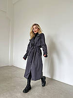 Жіночий універсальний тренч із поясом щільний котон-парка тканина (чорний, моко, графіт, оливка); розмір: 42-46 Графітовий