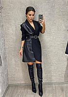 IZI Модное женское платье-пиджак из экокожи и креп-костюмки чёрного цвета, 42-44, 46-48, 50-52 46/48