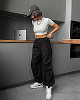 Жіночі однотонні широкі штани карго (чорний, бежевий); розмір: 42-44, 44-46