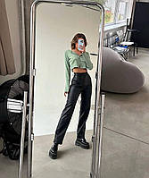 IZI Стильные широкие женские матовые кожаные черные брюки на высокой посадке, в размерах