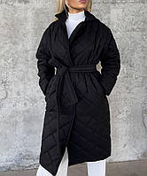 RAY Женское стеганное пальто на заклепках с поясом, из плащевки (мокко, черный) размер; 42-44, 46-48, 50-52