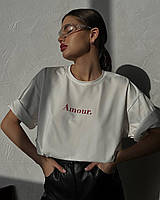 IZI Женская повседневная футболка с надписью "amour (черный, белый); размер: 42-46 one size