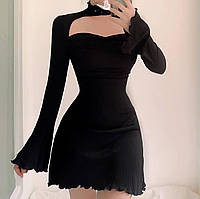 ШОК! Женское черное короткое платье в рубчик с длинным рукавом с вырезом декольте; размер: 42-44, 44-46