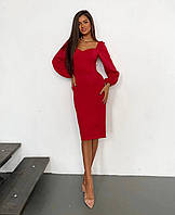 ВАУ! Элегантное приталенное вечернее платье миди с длинными рукавами (красный, черный) размер: 42-44, 44-46