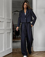 IZI Женский классический черный костюм двойка укороченный пиджак и брюки палаццо; размер: 42-44, 46-48, 50-52