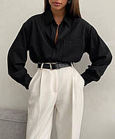 ШОК! Женская однотонная базовая черная рубашка на пуговицах; размер: 42-44, 46-48