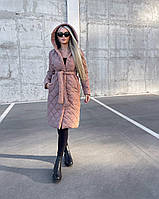 ШОК! Женское пальто на заклепках с капюшоном на поясе, из плащевки (бежевый, черный) размер; 42-44, 46-48,