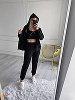 ВАУ! Женский спортивный костюм тройка кофта, топ и джоггеры (черный, серый меланж); размер: 42-44, 46-48