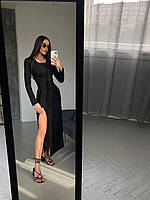 ШОК! Женское платье в длине макси в рубчик с завязкой на талии (черный, мокко, светло-бежевый); размер: 42-46