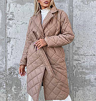ВАУ! Женское стеганное пальто на заклепках с поясом, из плащевки (мокко, черный) размер; 42-44, 46-48, 50-52