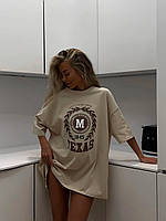 ВАУ! Женская повседневная хлопковая оверсайз футболка с принтом (бежевый, белый); размер: 42-46 универсальный