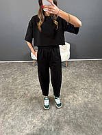 IZI Женский однотонный костюм двойка футболка и джоггеры с карманами (черный, молочный); размер: 42-44, 46-48