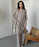 IZI Женский деловой однотонный костюм тройка брюки жилетка и пиджак (бежевый, черный) размер: 42-44, 46-48