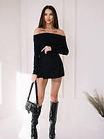 ВАУ! Женский нарядный костюм двойка кофта с открытыми плечами и черная юбка-шорты (черный, белый, мокко)