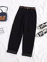 ВАУ! Женские молодежные базовый прямые вельветовые штаны под ремень с карманами на пуговице (черный, мокко)