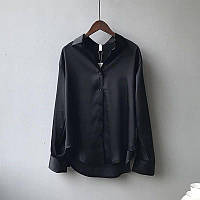 ШОК! Женская однотонная базовая оверсайз шелковая рубашка (молоко, оливка, серый, черный); размер: 42-46