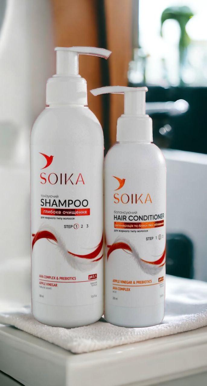 Набір для жирного волосся Soika з АНА кислотами, пребіотиками, ябл. оцтом (шампунь, кондиціонер) Сойка