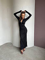 ШОК! Женское черное платье в длине макси с воротником на молнии с длинным рукавом; размер: 42-44, 44-46