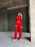 Женский удобный костюм двойка укороченный топ и свободные штаны (черный, красный, беж, молочный) размер: 42-46