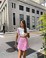 ШОК! Женская молодежная однотонная шелковая юбка на запах в длине мини (черный, розовый, молочный); размер: