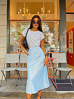 IZI Женская летняя прогулочная романтичная атласная длинная юбка на резинке (голубой, бежево-золотой, черный)