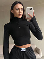 ШОК! Женский базовый черный кроп-топ с длинным рукавам с воротником на молнии в рубчик; размер: 42-46