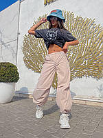 ШОК! Женские стильные широкие штаны карго из плащевки Эмми, фиксаторы на талии (черный, бежевый); размер: