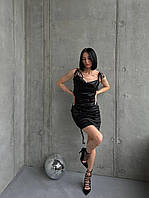 RAY Стильное однотонное атласное женское платье с затяжками на бретельках (черный, голубой) размер: 40-42,