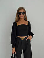 IZI Женская шикарная черная укороченная блуза с длинным пышным рукавом; размер: 42-44, 44-46