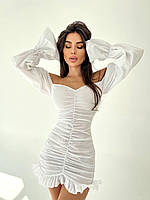 ШОК! Женское элегантное коттоновое платье со сборками с длинным рукавом (чёрный, малиновый, белый); 42-44,
