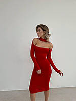 RAY Элегантное платье в длине миди с длинным рукавом с открытым декольте (черный, красный); размер 42-44,