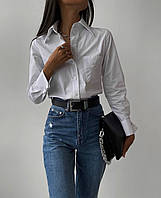 ШОК! Женская однотонная базовая белая рубашка на пуговицах; размер: 42-44, 46-48