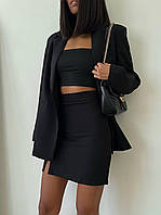 ВАУ! Женский базовый костюм двойка пиджак в стиле оверсайз с плечиками и юбка на потайной молнии (черный,