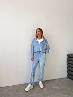 ВАУ! Женский плюш велюровый костюм штаны с короткой кофтой на молнии (голубой, мокко, фуксия, электрик)